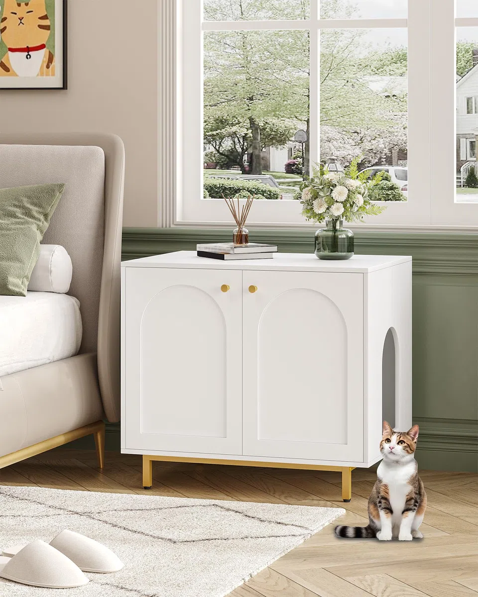 Hzuaneri Caja de Arena para Gatos, Muebles de Caja de Arena, Mesa Auxiliar para Casa de Mascotas, Banco de Gabinete de Almacenamiento, se Adapta a la Mayoría de Gatos, Blanco y Dorado CB85003G