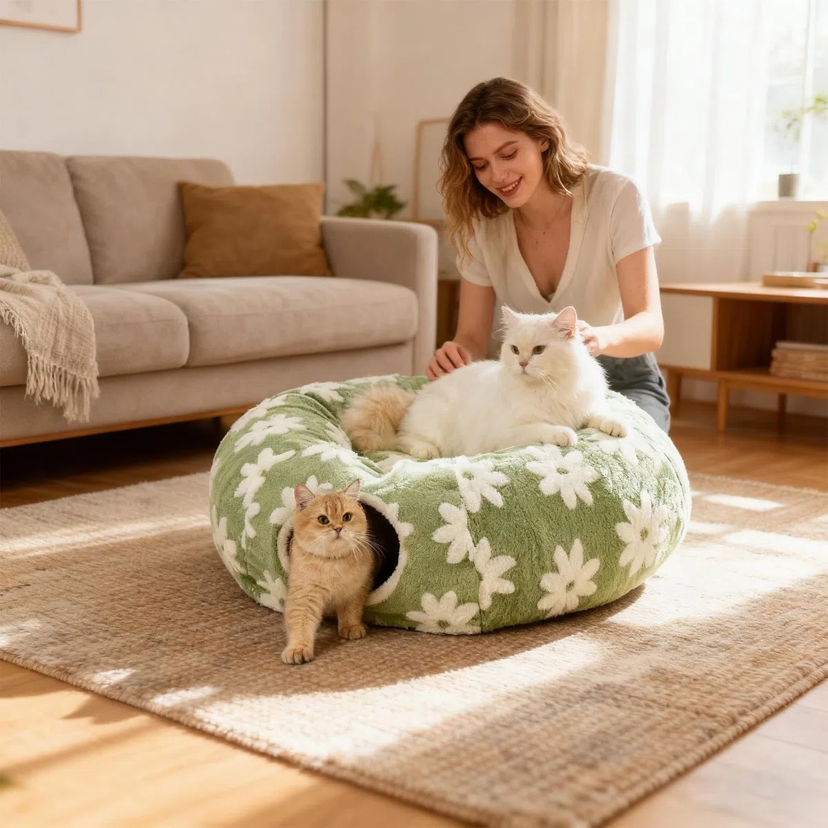 Cama Tunel para Gatos, Túnel De Falda De Árbol De Navidad para Gatos, Cama De Felpa Lavable con Bola, Tubos Y Túneles Interactivos para Cat con Diseño De Flores, para Gatear, Rascarse, Dentición