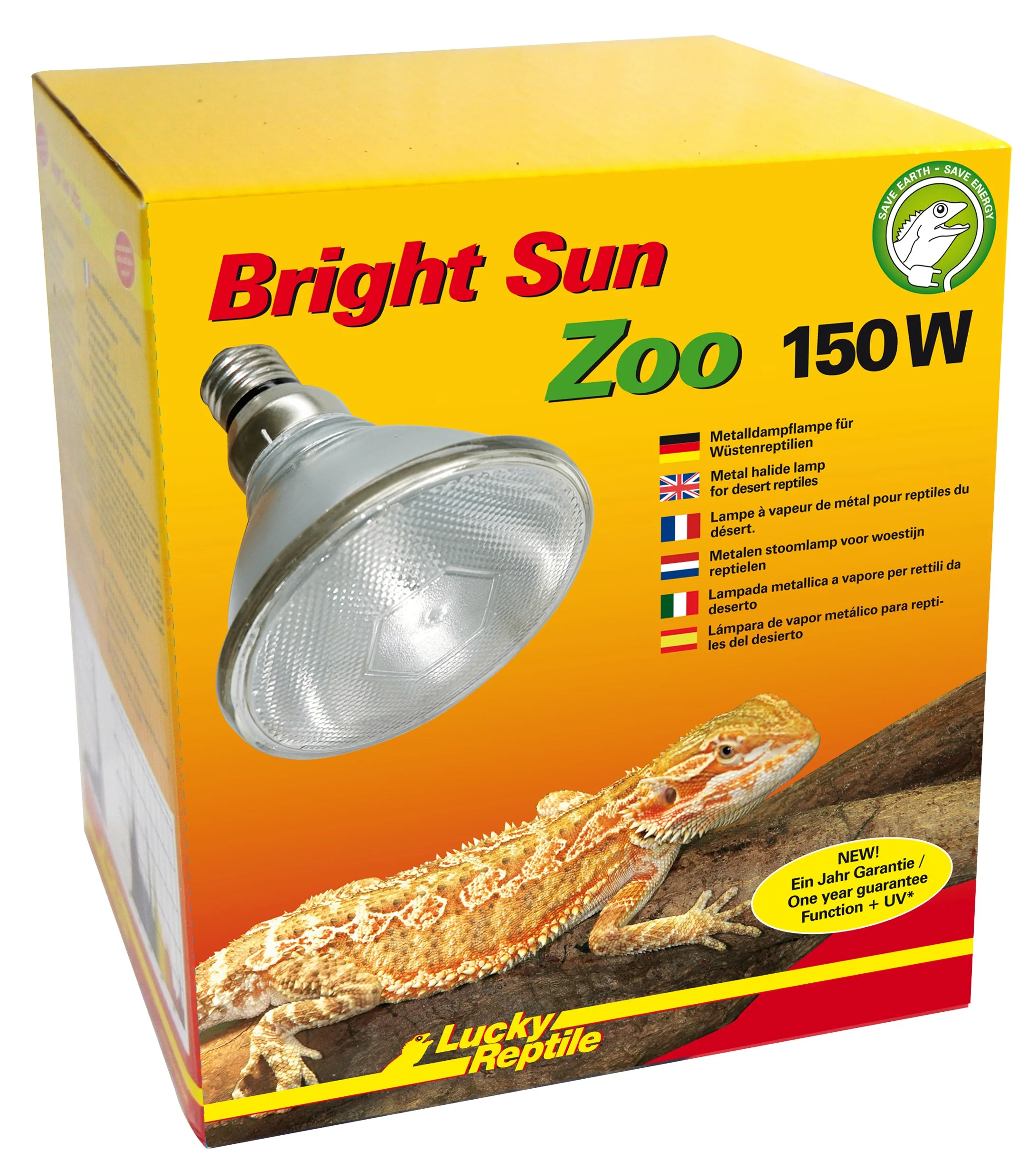 Lucky Reptile Bright Sun Zoo Desert - 150 W lámpara halogenuros metálicos para bases E27 - Lámpara de luz de día terrarios grandes - Lámpara de calor con radiación UV para reptiles de desierto
