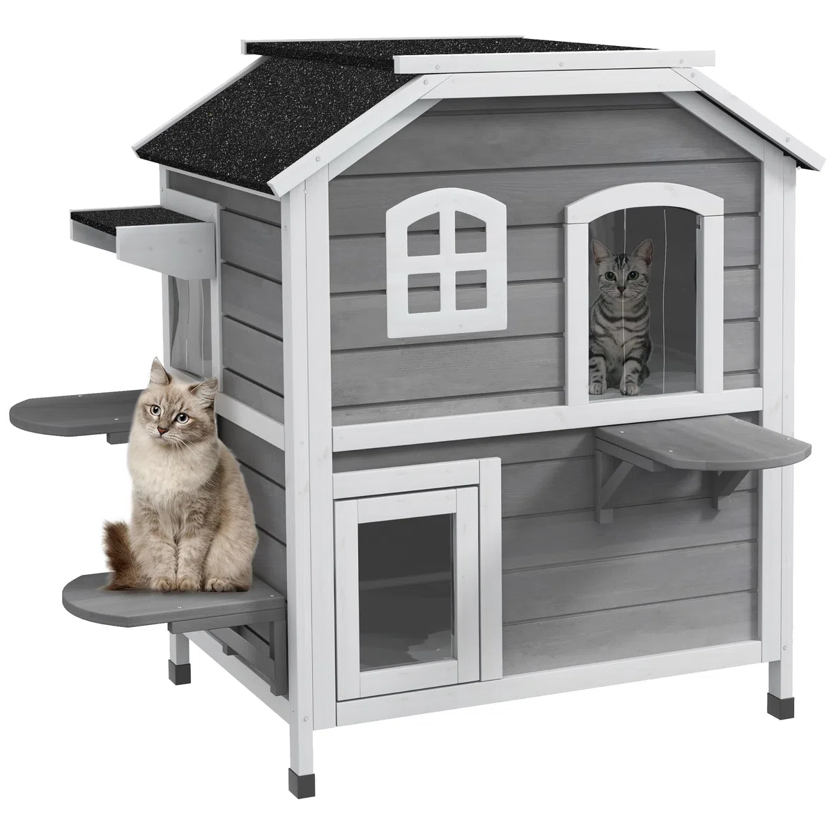 Casa para Gatos PawHut con tejado de Asfalto, caseta Exterior para Gatos con escaleras, Chalet para Gatos de 2 Plantas, Impermeable, jardín, Madera de Abeto, Gris, 78 x 55,5 x 91 cm | Impermeable, caseta para gatos con techo de asfalto, tapa plegable, esc