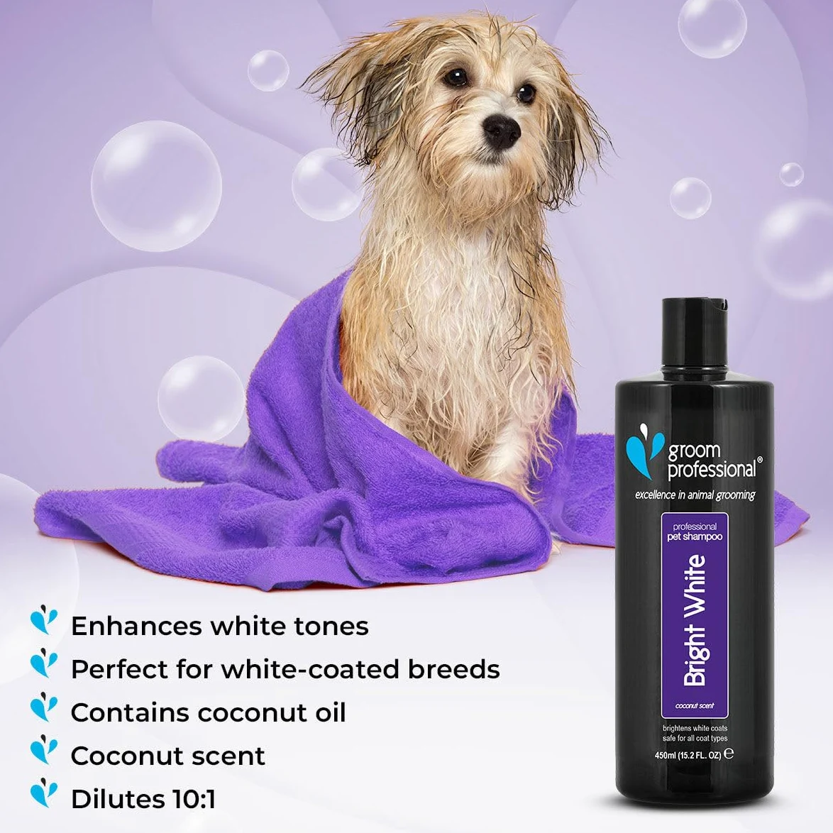 GROOM PROFESSIONAL Bright White - Champú blanqueador para perros, mejora los tonos blancos, fórmula de limpieza profunda para pelajes sucios, aceite de coco añadido para calmar la piel seca o con
