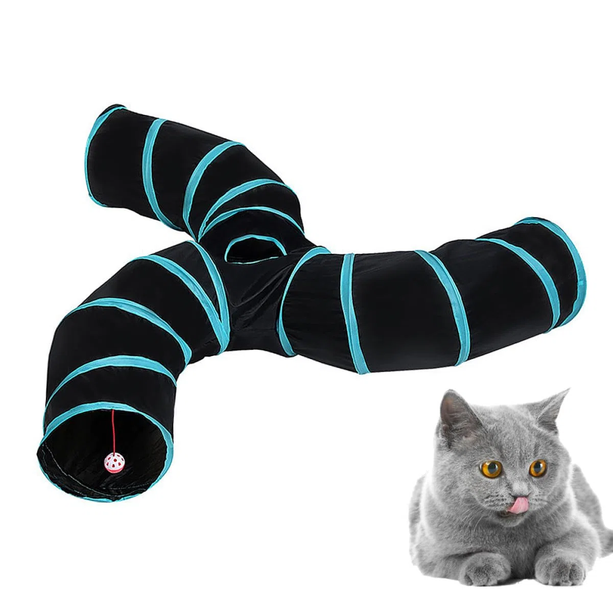 Happyyami Juguete para Gatos Túnel S Tipo Tres Caminos de Poliéster Negro, Interactivo y Divertido para Jugar y Entretener a Tu Mascota en Casa