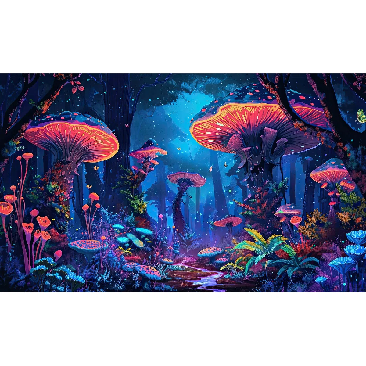 Fondo de acuario de setas, flores brillantes, mariposas, peceras, telón de fondo, decoración de paisaje trippy del país de las maravillas con hongos místicos gigantes, decoración de fondo de terrario,