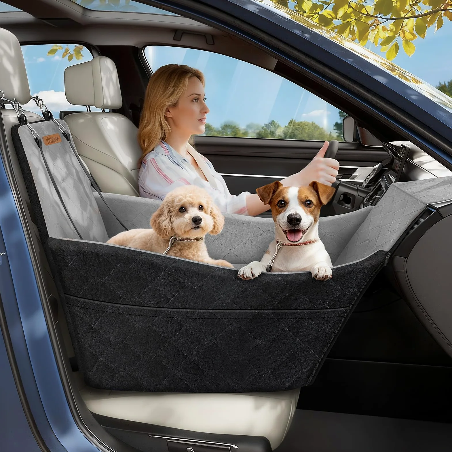 Asiento Elevado para Perros, Asiento de Coche para Mascotas Pequeñas y Medianas hasta 16kg, Cama de Coche Lavable con Espuma Ultra Suave, 3 Cinturones de Seguridad y 2 Bolsillos, Negro + Gris