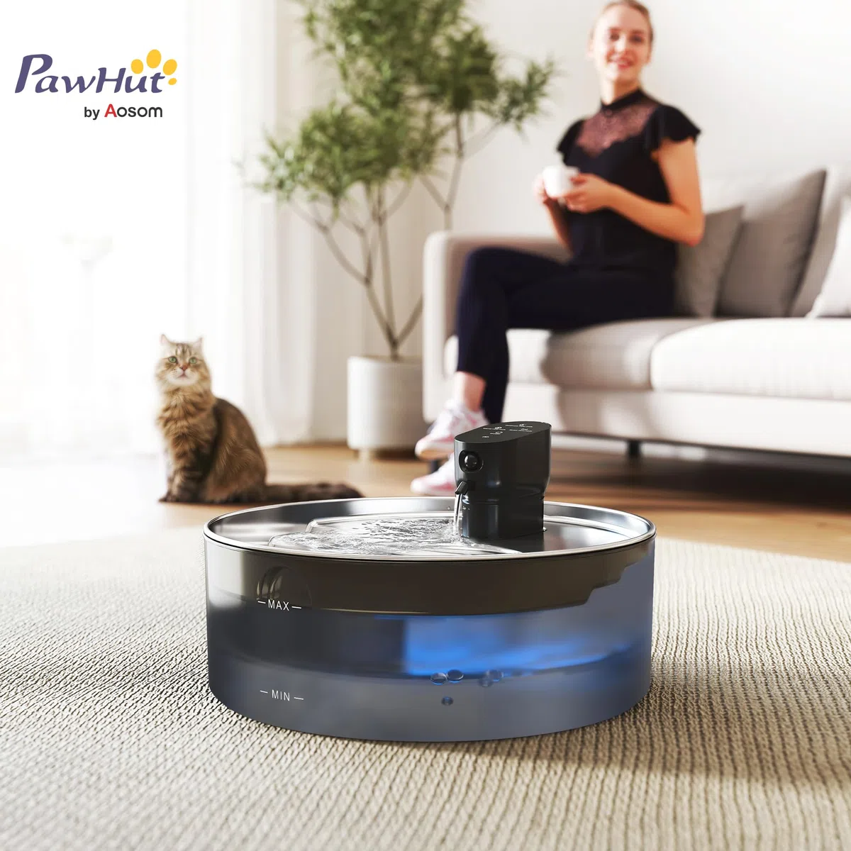 PawHut Fuente de agua para gatos de 7 l, acero inoxidable con bomba silenciosa, ventana de nivel de agua, filtro de carbón activo, sensor de movimiento, sistema de filtro, funciona con pilas, fuente