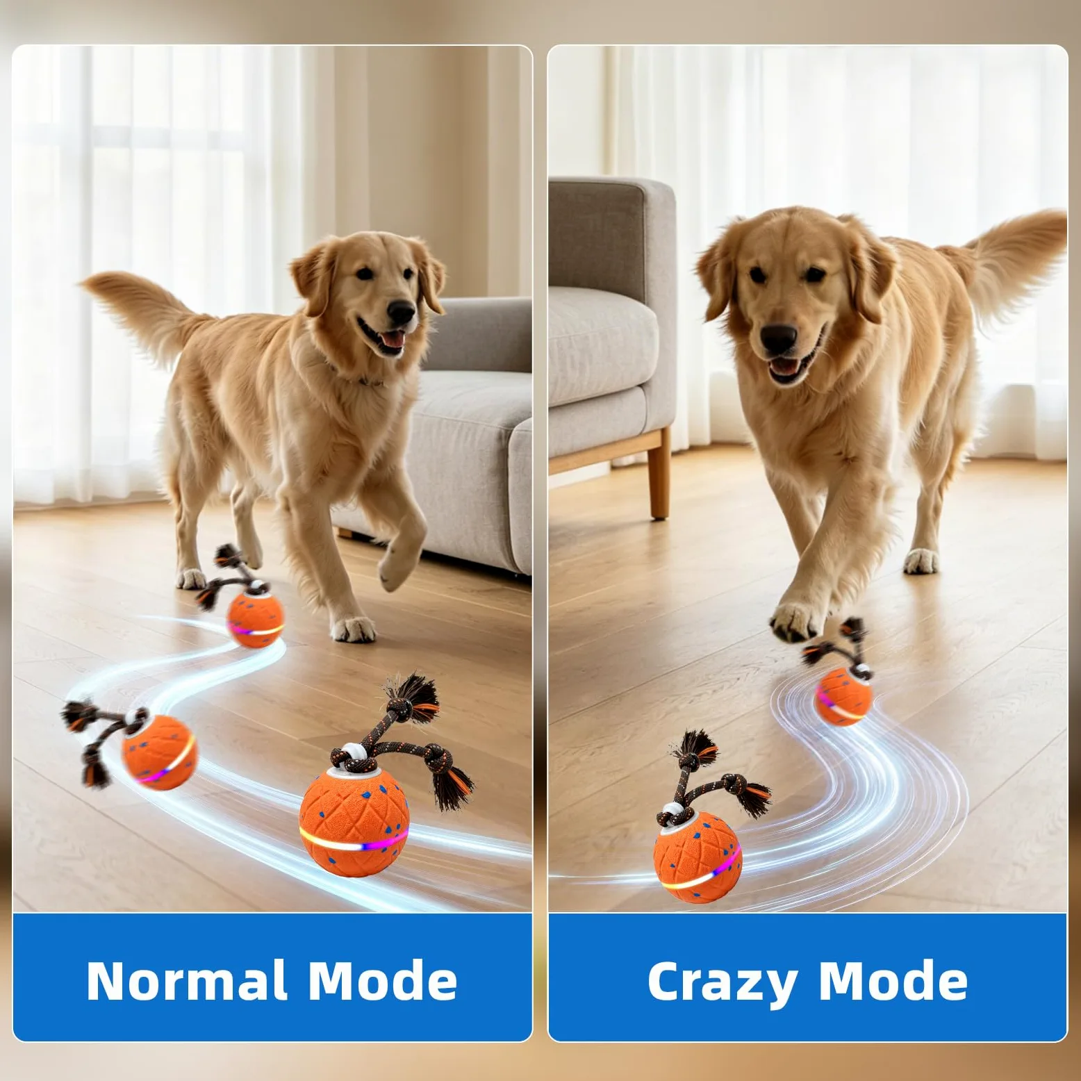 Pelota Interactiva para Perros - Wicked Ball Rolly con Cuerda y Ladridos, Juguete Interactivo Inteligente para Perros con 2 Modos de Juego, E-TPU, USB-C Recargable, Luces RGB, Adecuado para Perros