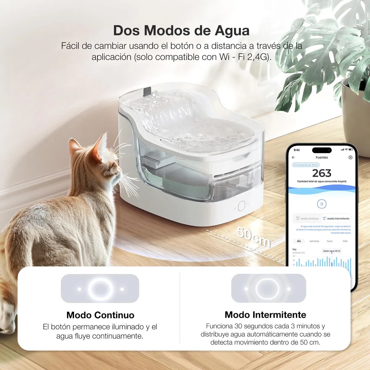 PETGUGU Fuente para Gatos Inteligente de 2L, Bebedero Gato Automático con Bomba Inalámbrica y Sensor, Filtro de 8 Capas, Fuente de Agua para Gatos Ultrasilenciosa con Conexión WiFi 2.4G