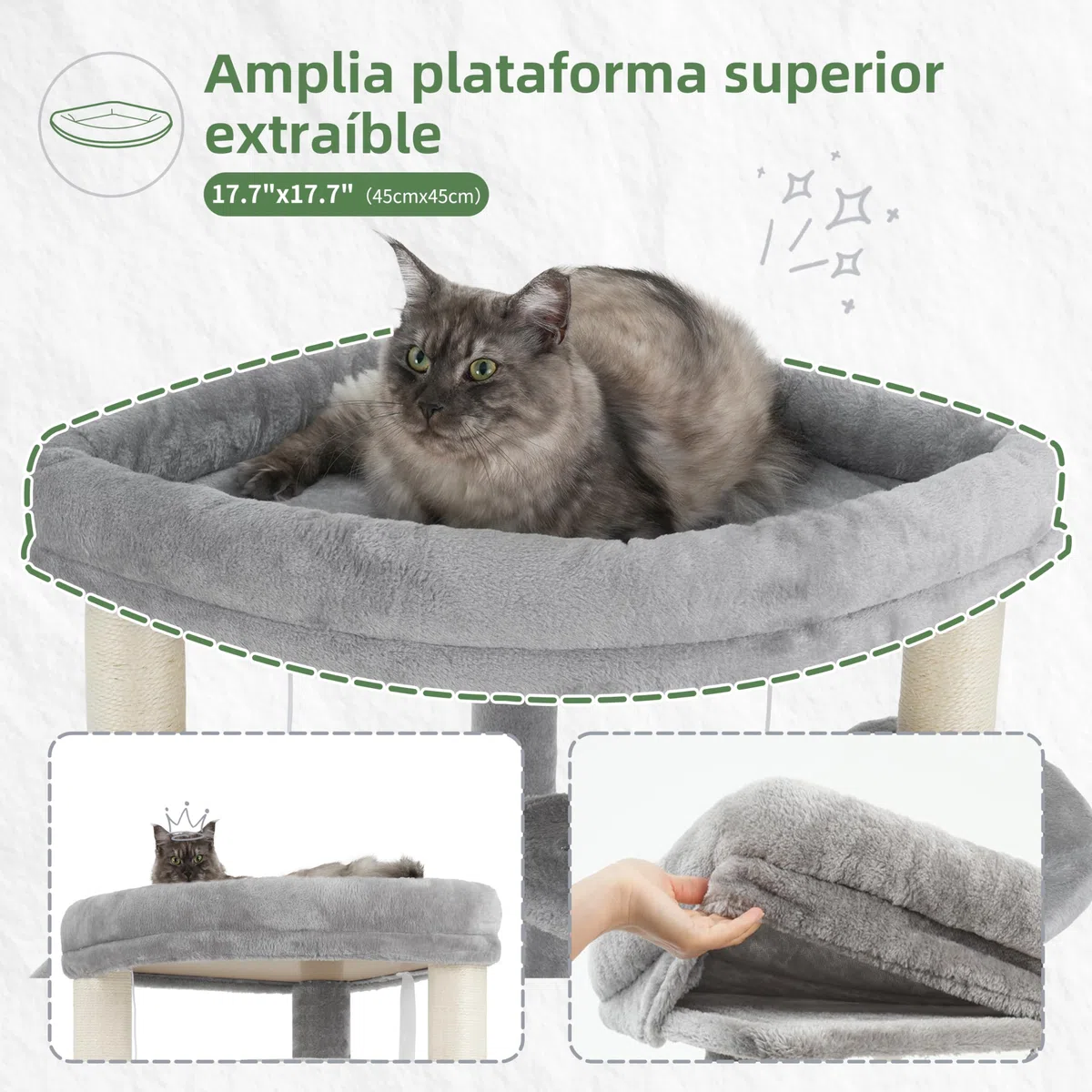 Gitelsnour Rascador para Gatos de rincón Interior, árbol para Gatos multinivel con Posts de rascado Sisal Natural, 2 Cuevas, Grandes Plataforma, 2 Canasta Colgante para Gatos, Gris Claro GCT035W