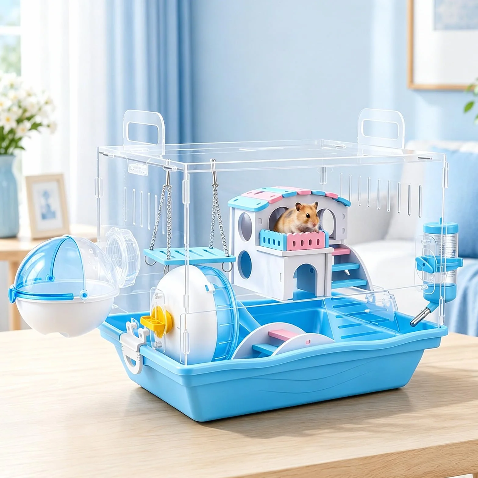 Jaula acrílica para animales pequeños, 2 niveles, con accesorios completos, casa para hámsteres, moderna casa de hámster con puerta ancha y diseño transparente, 37 x 33 x 28 cm para hámsters, ratones