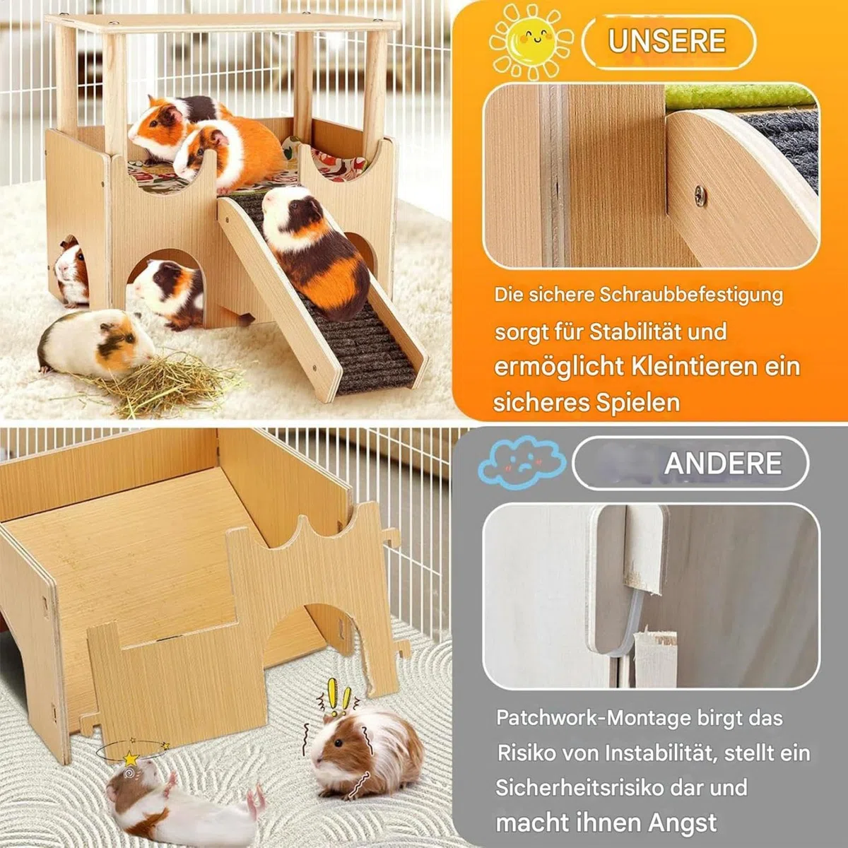 Chinchilla House, Bunny House Indoor – Casa de juegos de madera de doble – Alojamiento con pequeños juguetes de animales con escalera, jaula de chinchilla – Accesorios para conejos, hurones, | Accesorios de jaula de chinchilla, decoración del hábitat con