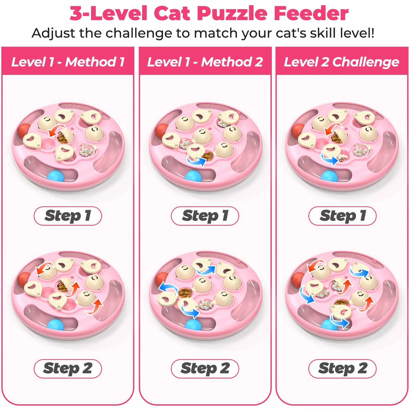 Juguetes y juegos de rompecabezas para gatos, nivel 3 en 1 con bolas de seguimiento, juguete de plumas y alimentador de golosinas, base antideslizante, par de enriquecimiento de estimulación