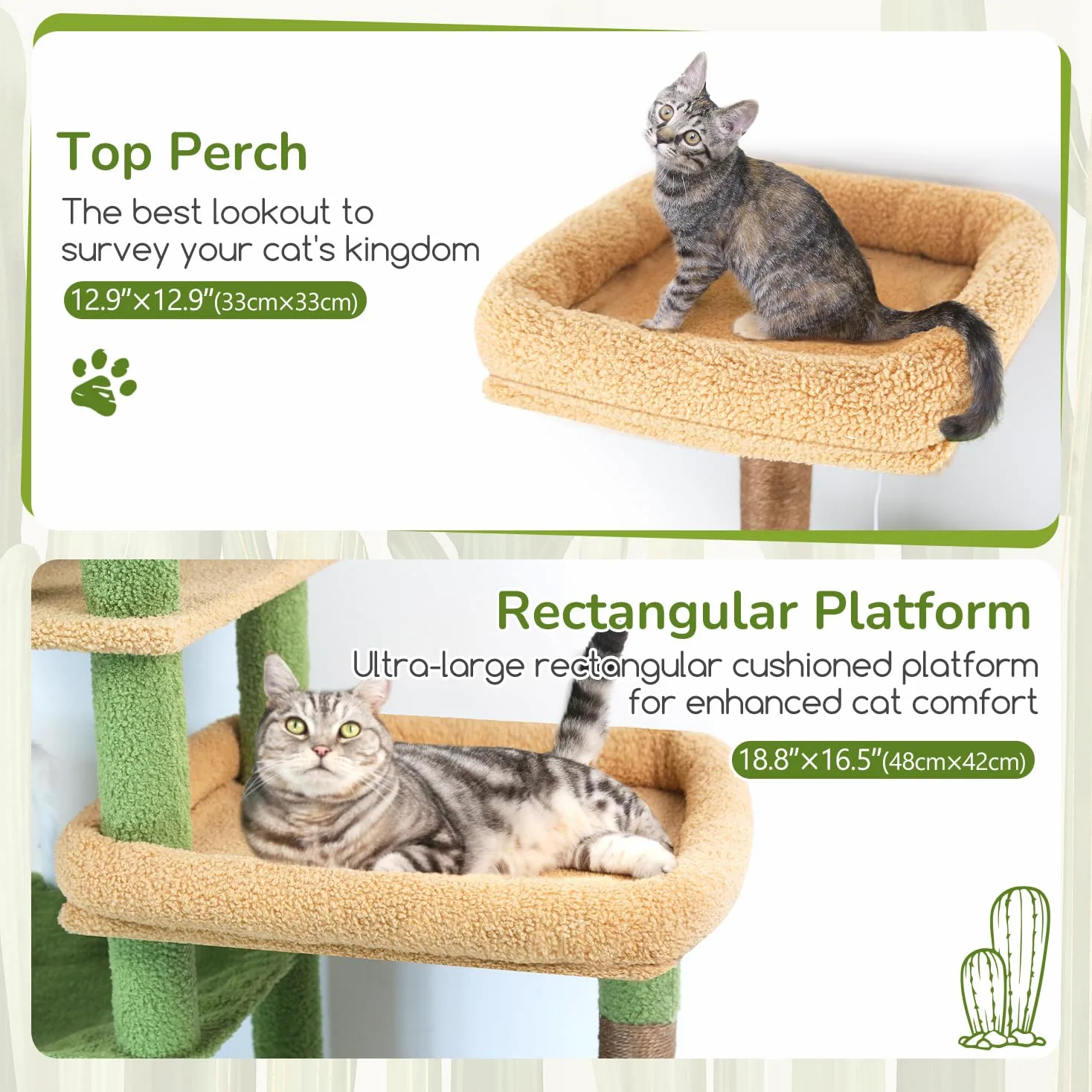 Globlazer Árbol Rascador Cactus Verde para Grande Gatos Alto 165cm con 2 Grande Plataforma 48 * 42CM, Extragrande Hamaca, Nido, Percha, Árbol Rascador con Apoyo Estable para Gatos Adulto (S65, Verde)