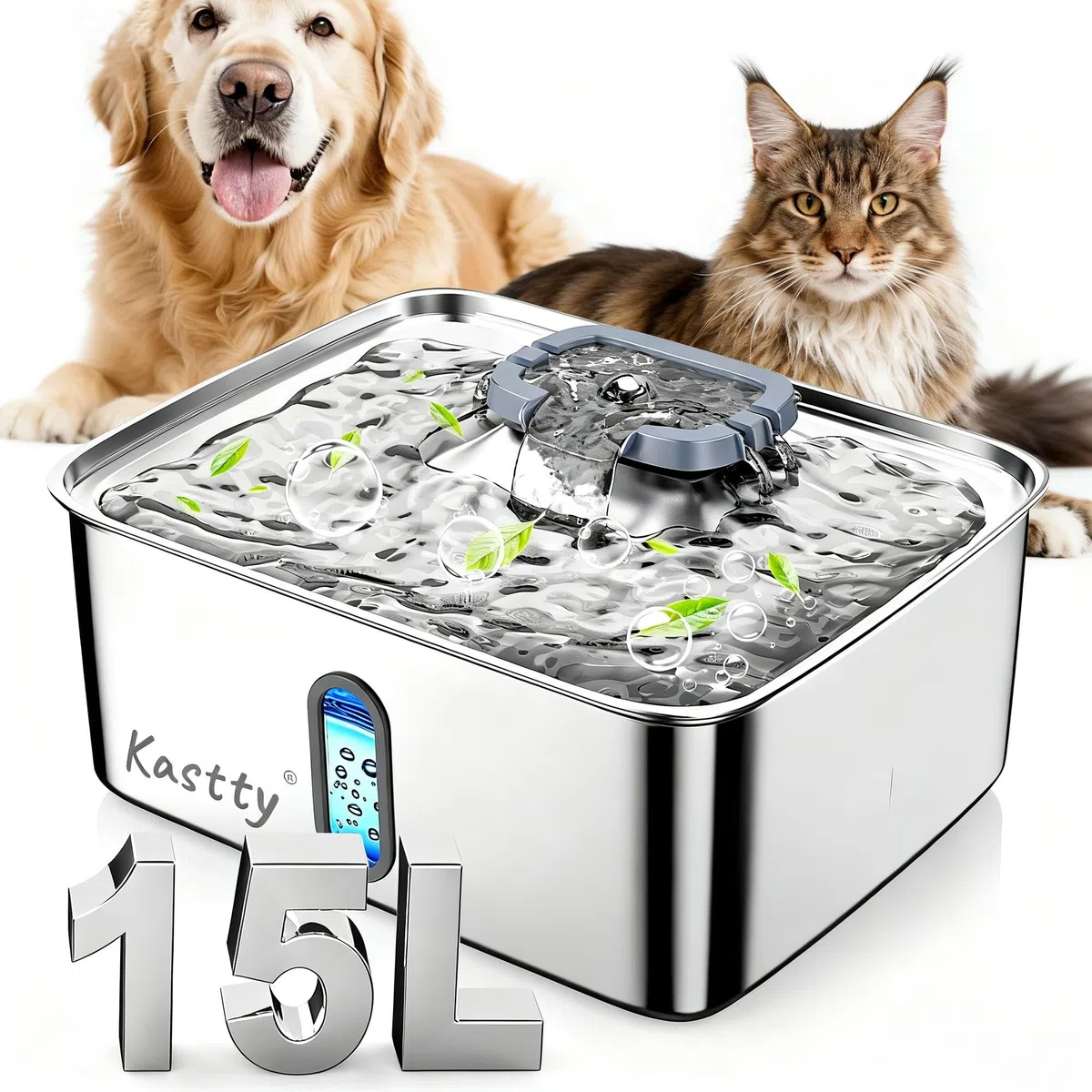 Kastty Fuente de agua para perros de acero inoxidable de 15 litros, dispensador de cuenco de agua para perros de gran capacidad, luz LED silenciosa, triple filtración, sin BPA, fuente de agua
