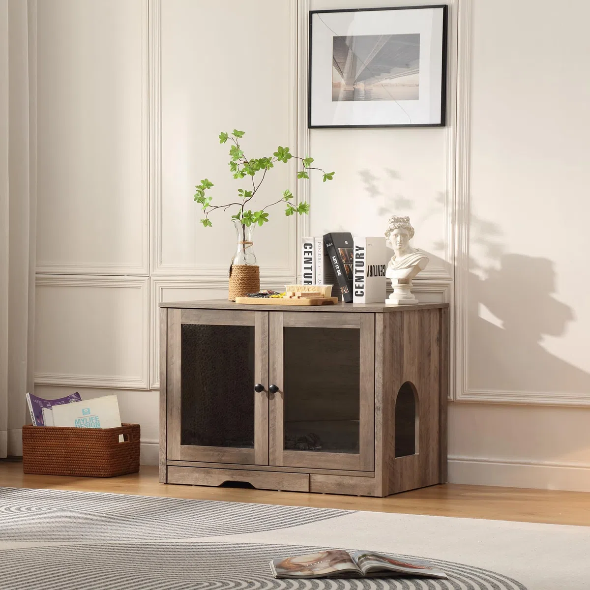 Forest Gravity Mueble Arenero para Gato Pequeño Mueble Arenero para Gato Moderno 82 * 58.5 * 53 cm Casa para con Puerta y Tabique Separador Gris