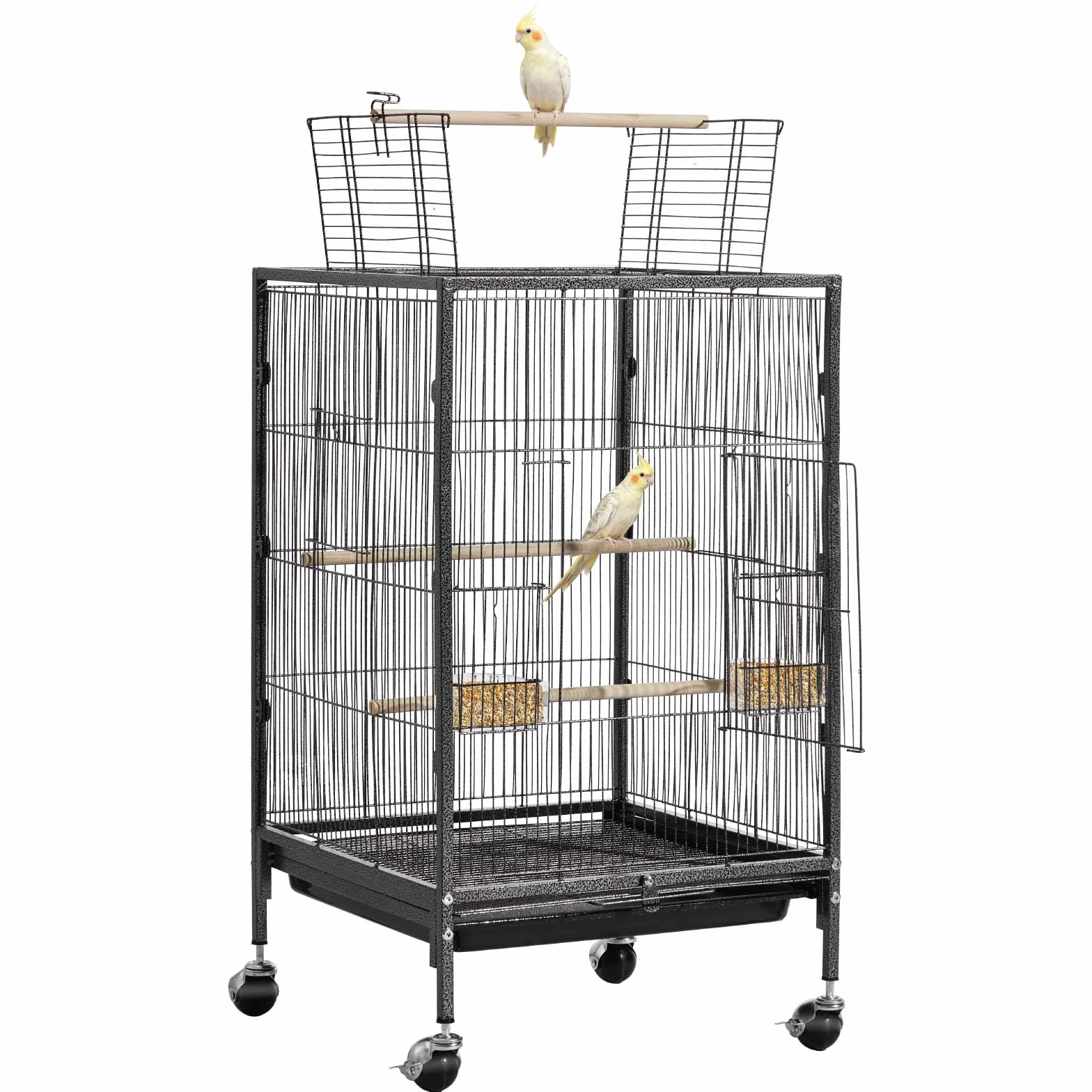 VEVOR Jaula para Pájaros, 460 x 460 x 770 mm, con Techo Plano Abierto, con Perchas, Bandeja Extraíble y Comederos de Plástico, Ruedas, para Loros, Herrerillos Comunes, Cacatúas Ninfas, y Cotorras