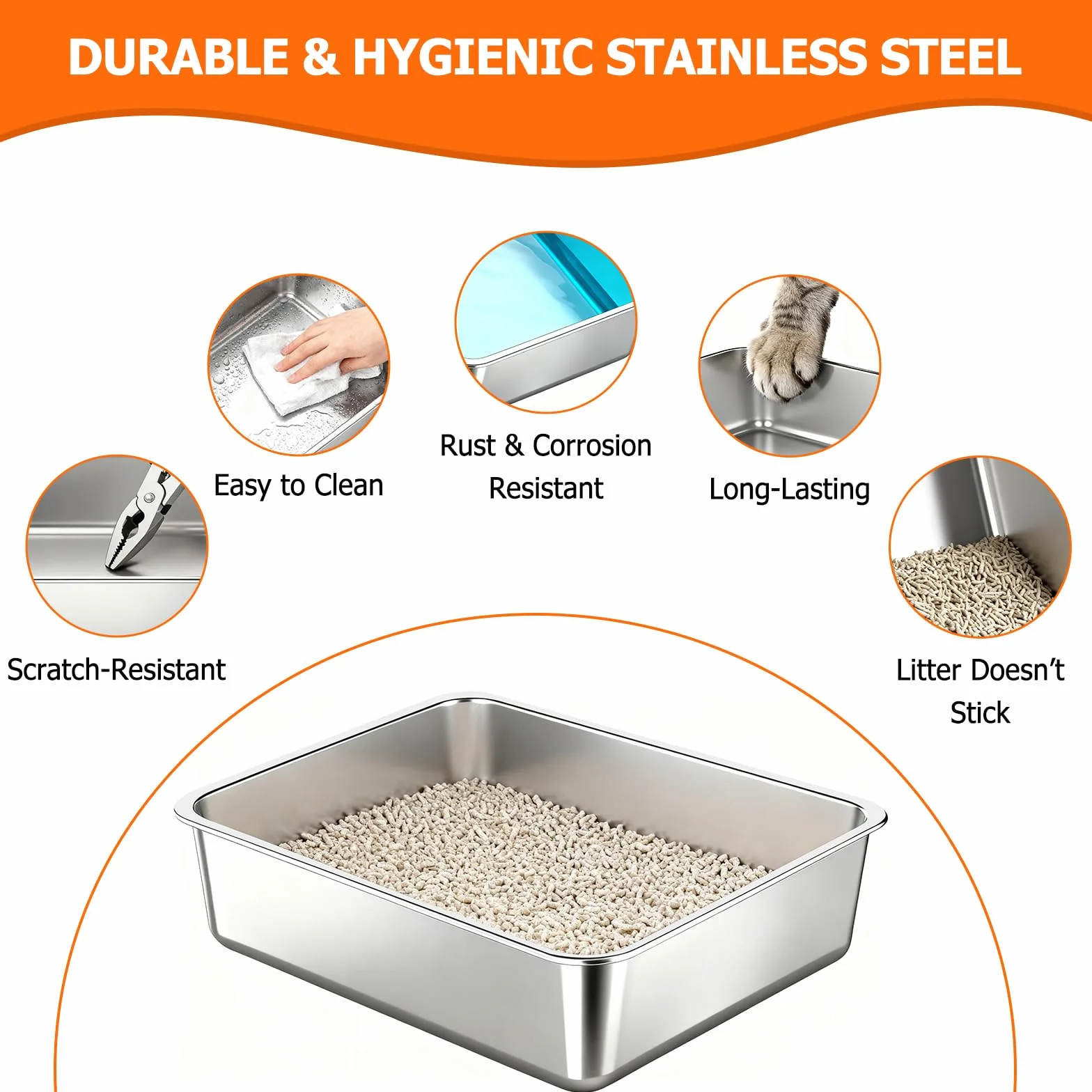 Arenero para Gatos de Acero Inoxidable, XL Caja de Arena Gato Cerrada con Tapa, Doble Entrada y Alfombrilla Antiderrames, Bandeja Antifugas para Gato Grande y Multiuso Cat Litter Box