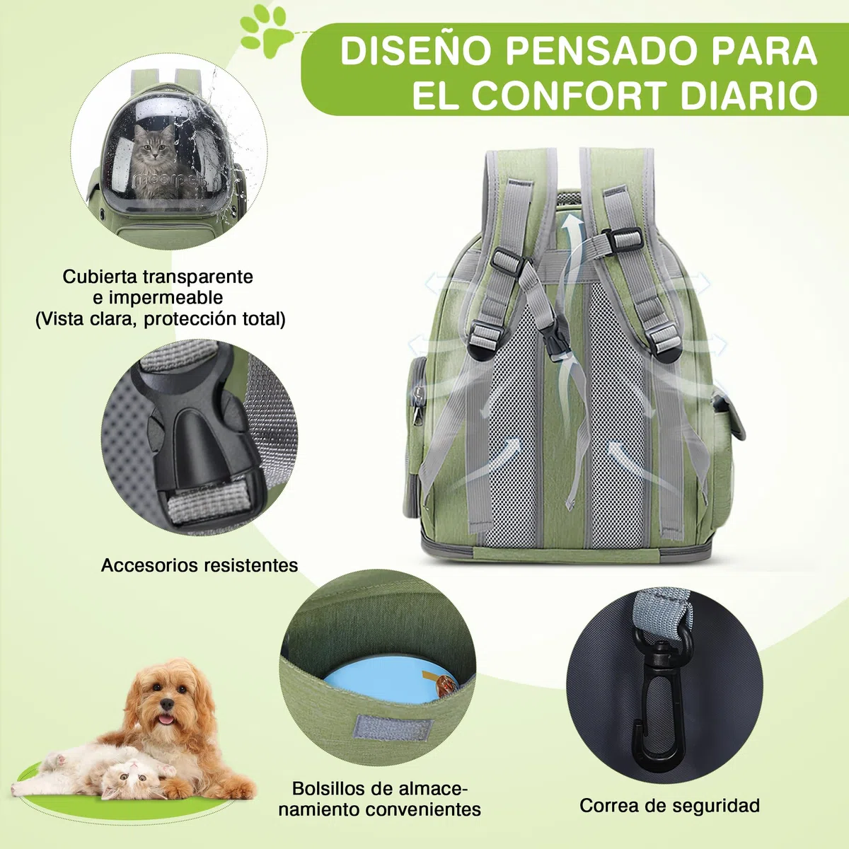 ALLSOPETS Mochila para Gatos y Perros con Diseño de Burbuja, Plegable y Portátil, para Mascotas hasta 7,5 kg, Ideal para Viajes, Senderismo y Visitas al Veterinario (Verde Bosque)