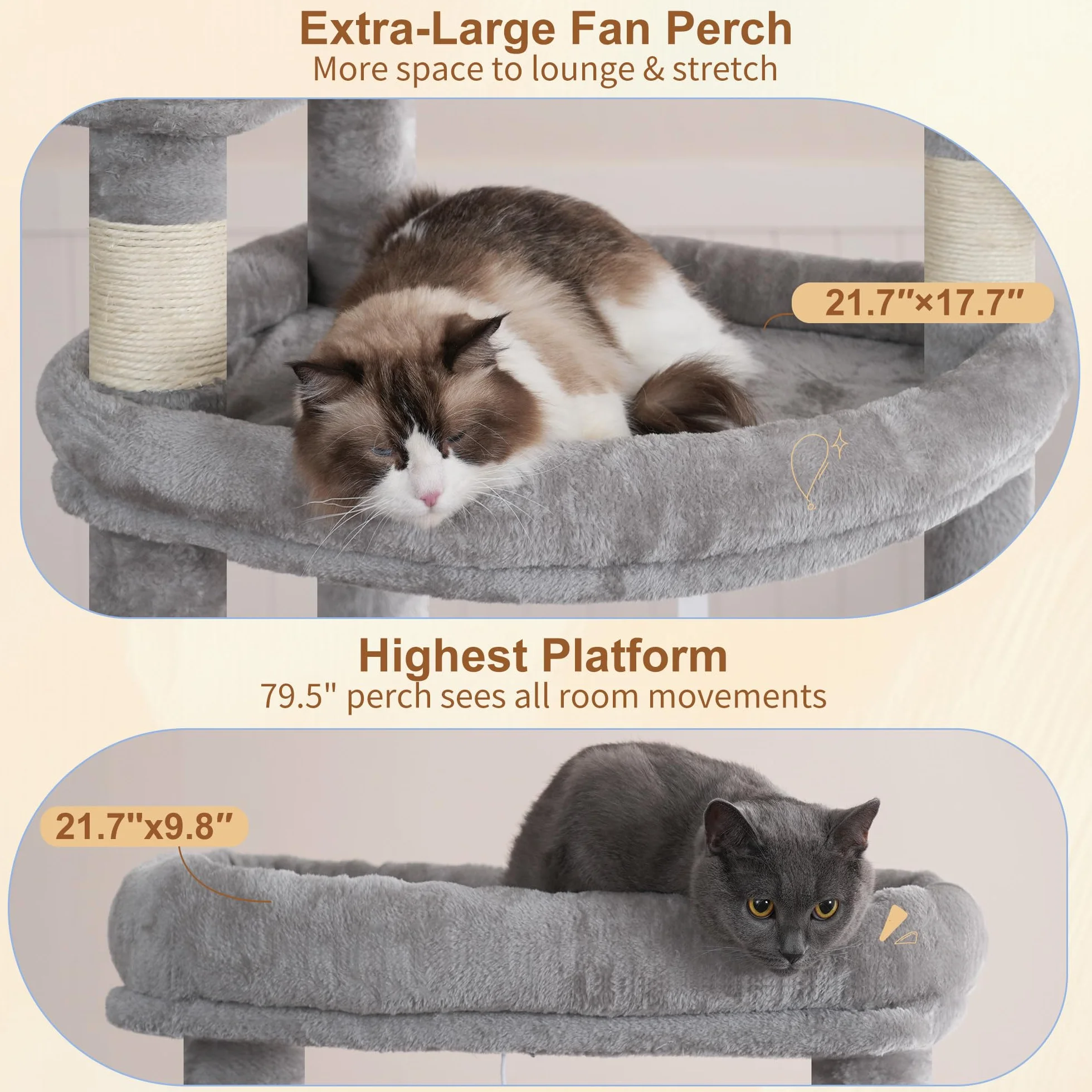 Heybly Rascador para Gatos, 191cm Arbol Rascador Grande con 2 Plataformas Descanso Extra Grandes, Superficie para Rascar, Cueva Grande Cesta Poste Sisal Adecuado Gatos Adultos, Gris Claro HCT038W