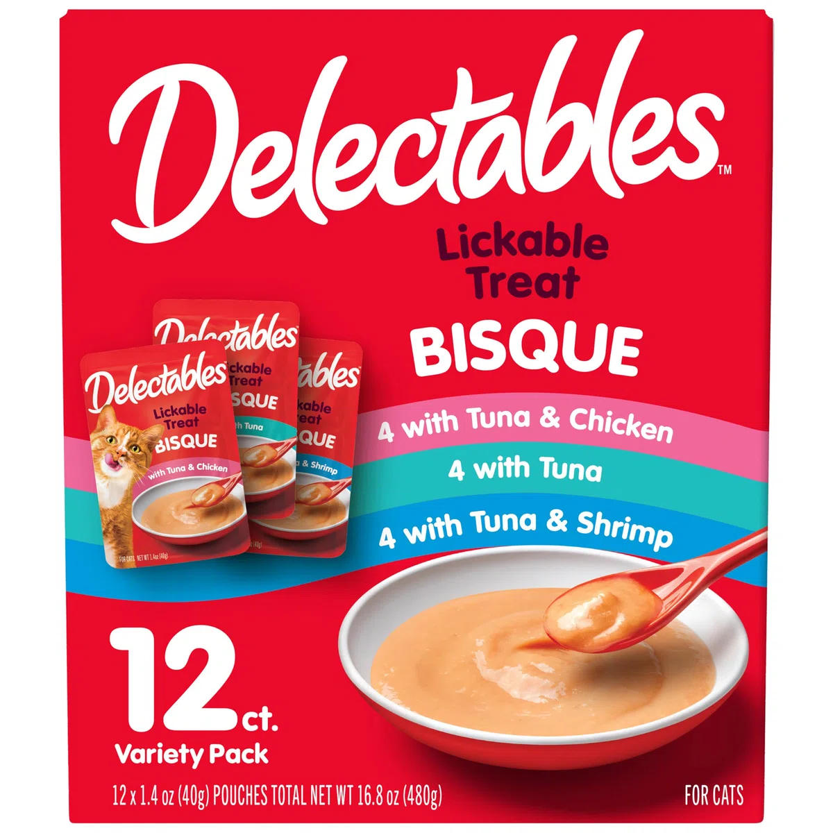 HARTZ - Golosinas húmedas para Gatos Delectables Bisque, para lamerse, Pollo, atún y camarones, Paquete de 12 Unidades