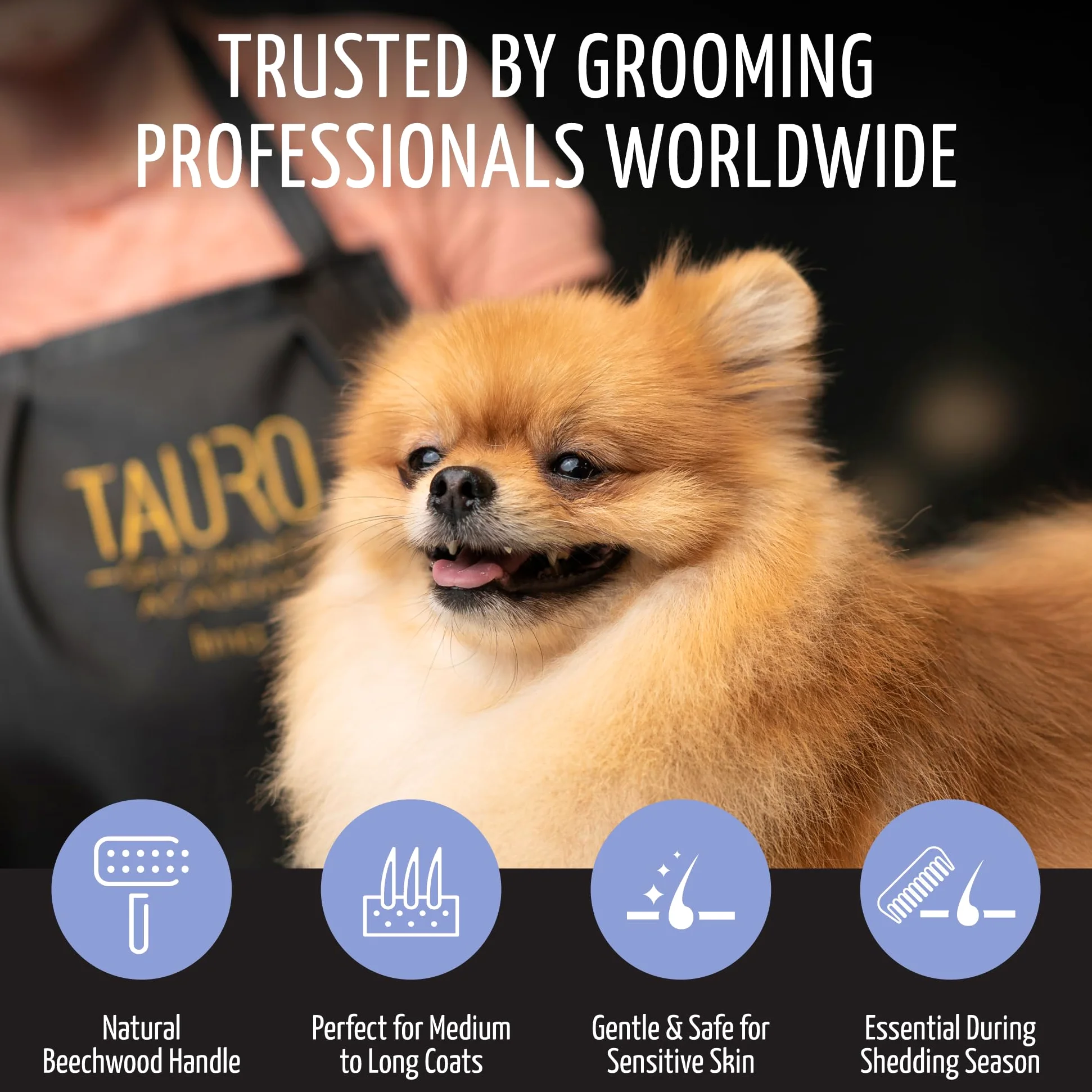 Tauro Pro Line Deshedding Cepillo Madera Perro y Gato, Mediano (M), Morado | Elimina nudos y desenreda, para pelajes semilargos y largos, Almohadilla redonda flexible, Ideal para Cocker Spaniel