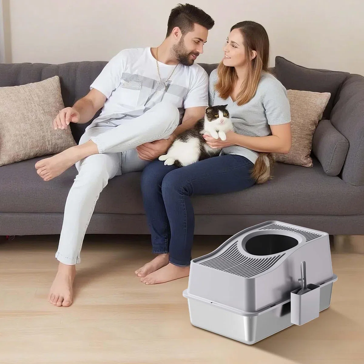 Garvee Arenero para Gatos de Acero Inoxidable Cerrado, Inodoro para Gatos antiolores Grande con Tapa y Plataforma filtradora de Arena, con Borde Alto de 15 cm y Pala, fácil de Limpiar, 60 x 40 x 34,5
