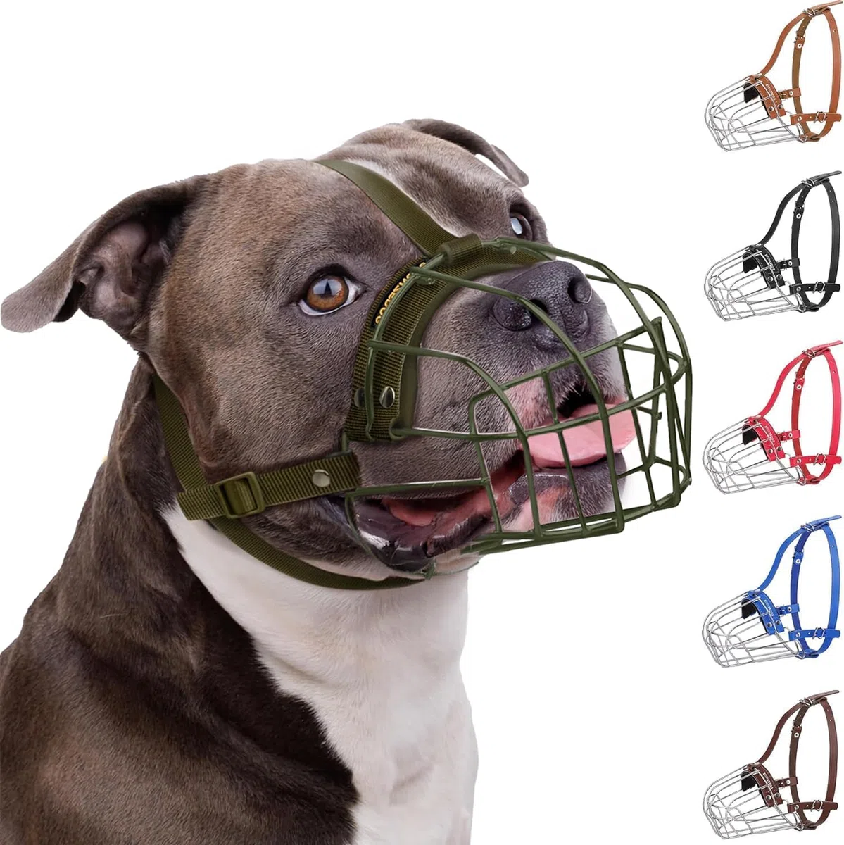BRONZEDOG Bozal para Perro Pitbull de Metal Transpirable para Perros Grandes como Amstaff y Staffordshire Terrier, con Correa de Nailon, antimordeduras, masticación y ladridos