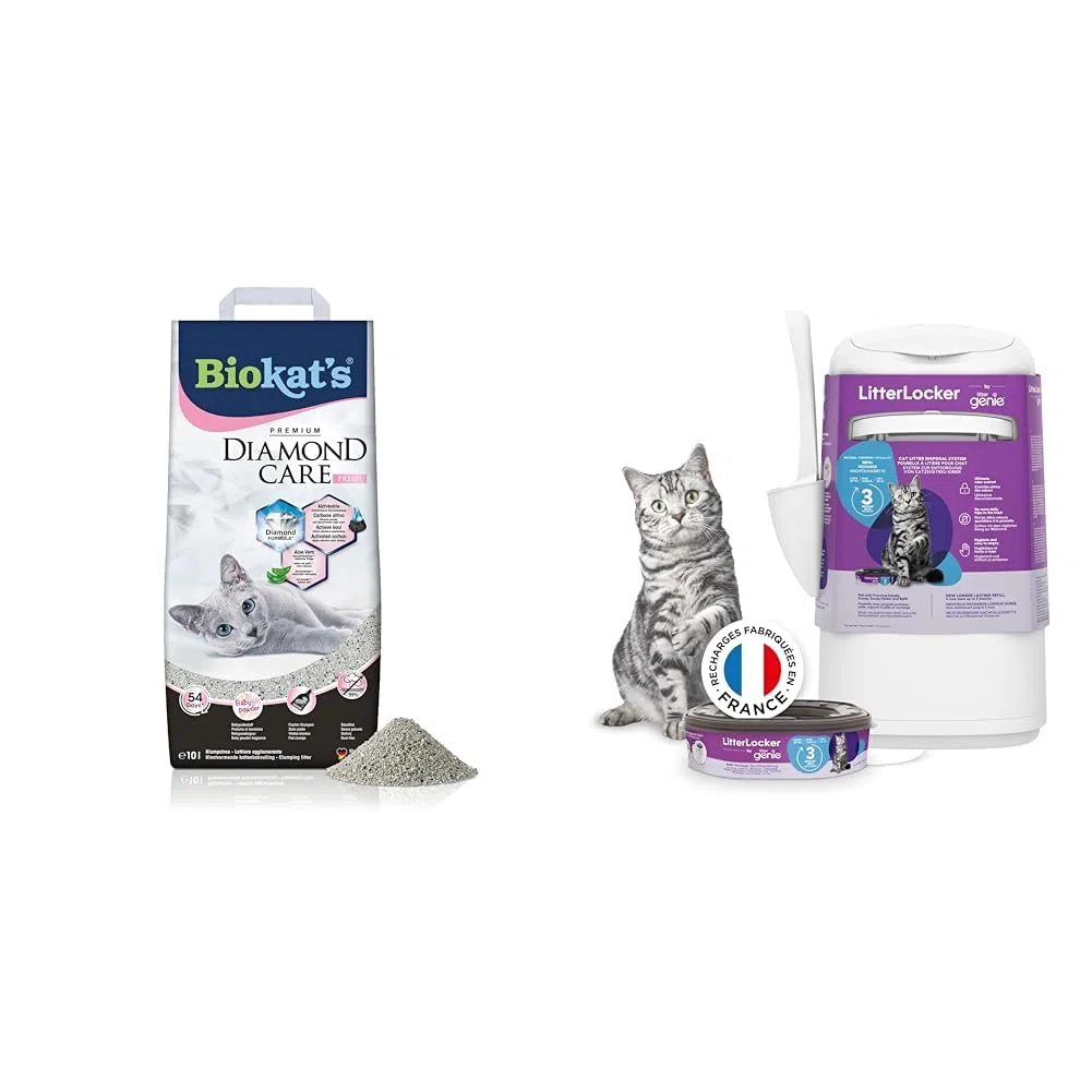 Litter Genie - LitterLocker The Original y Diamond Care Fresh de Biokat, combinación de Arena para Gatos con Aroma a Talco para bebés y Cubo de Arena para Gatos