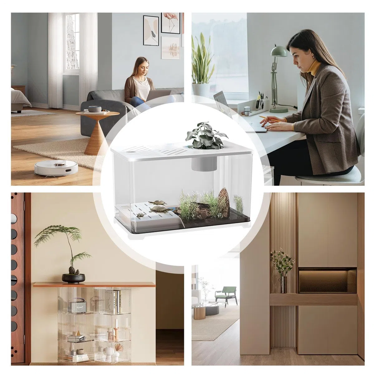 Acuario Kits De Inicio para Acuarios Grandes | Contenedor Panorámico Con Zona Para Tortugas Y Plantas Acuáticas, Para Guppys, Gambas, Caracoles Y Decoración De Escritorio