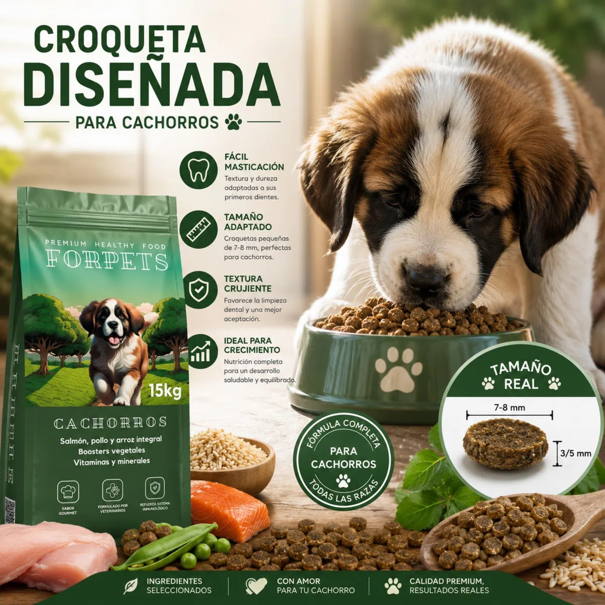 Pienso para Cachorros 15 kg | Salmón, Pollo y Arroz Integral | Digestión Sensible y Crecimiento Saludable | Sin Gluten, Alto en Proteína | Razas Pequeñas, Medianas y Grandes | FORPETS