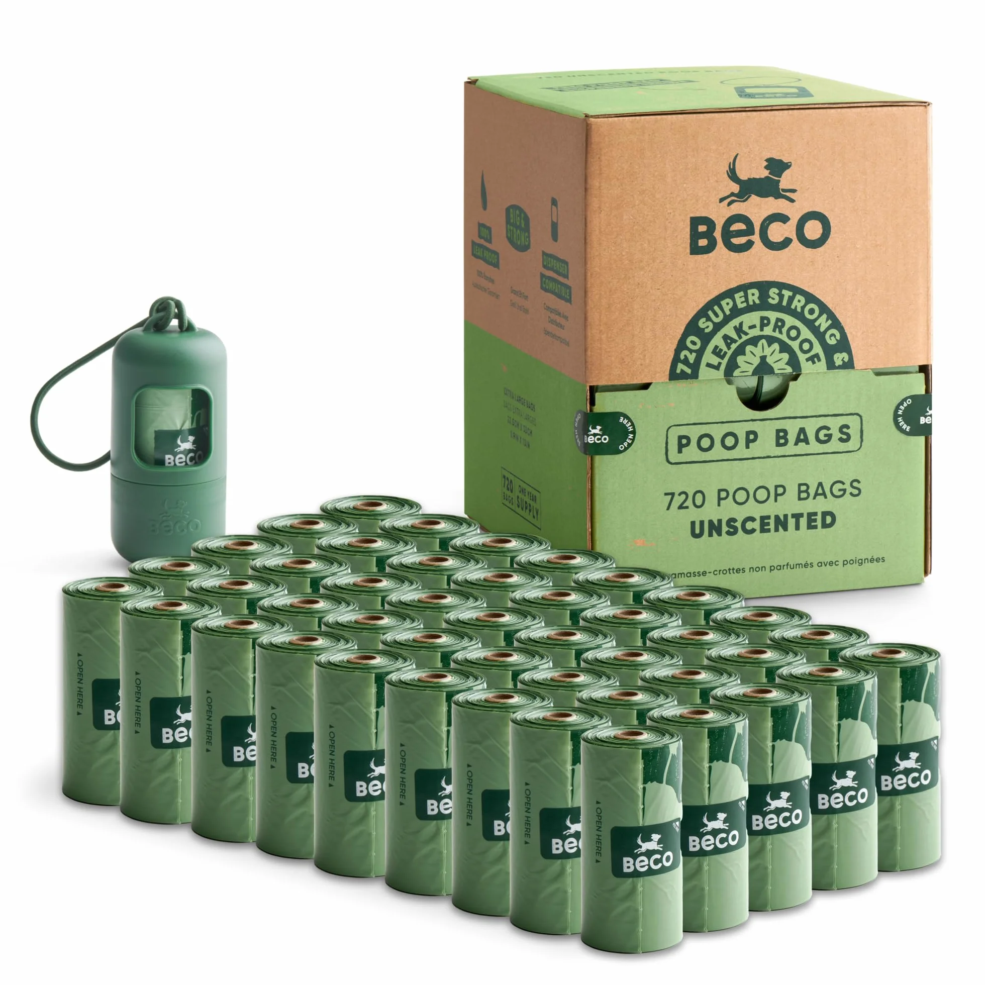 Beco Strong & Large - Bolsas para excrementos, 720 bolsas (48 rollos de 15), sin perfume, compatibles con dispensador, color verde