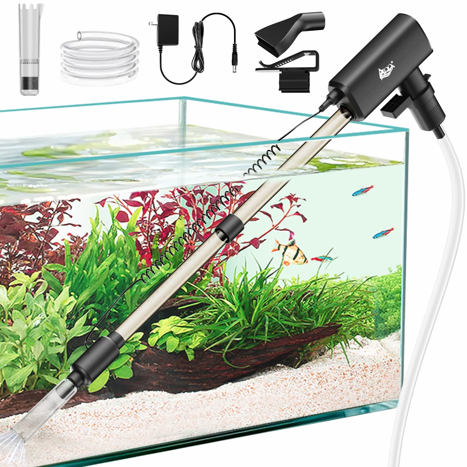 AQQA Limpiador de grava al vacío para acuario, 20 W, eléctrico, recargable, herramientas para cambio automático de agua, limpieza de desechos y lavado de arena, fuerte succión con 4 velocidades
