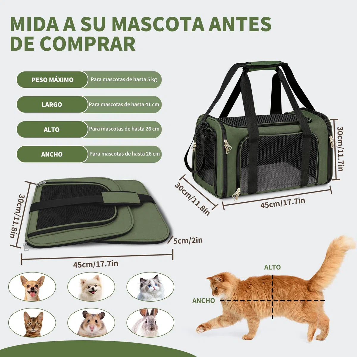Transportin para Gatos, Transportin para Perros Bolsa, Bolsa Transpirable para Mascotas, Correa Ajustable, Colchon Suave, Soporta 8 kg, para Gatos y Cachorros (Verde, L 43 x A 28 x H 28 cm)
