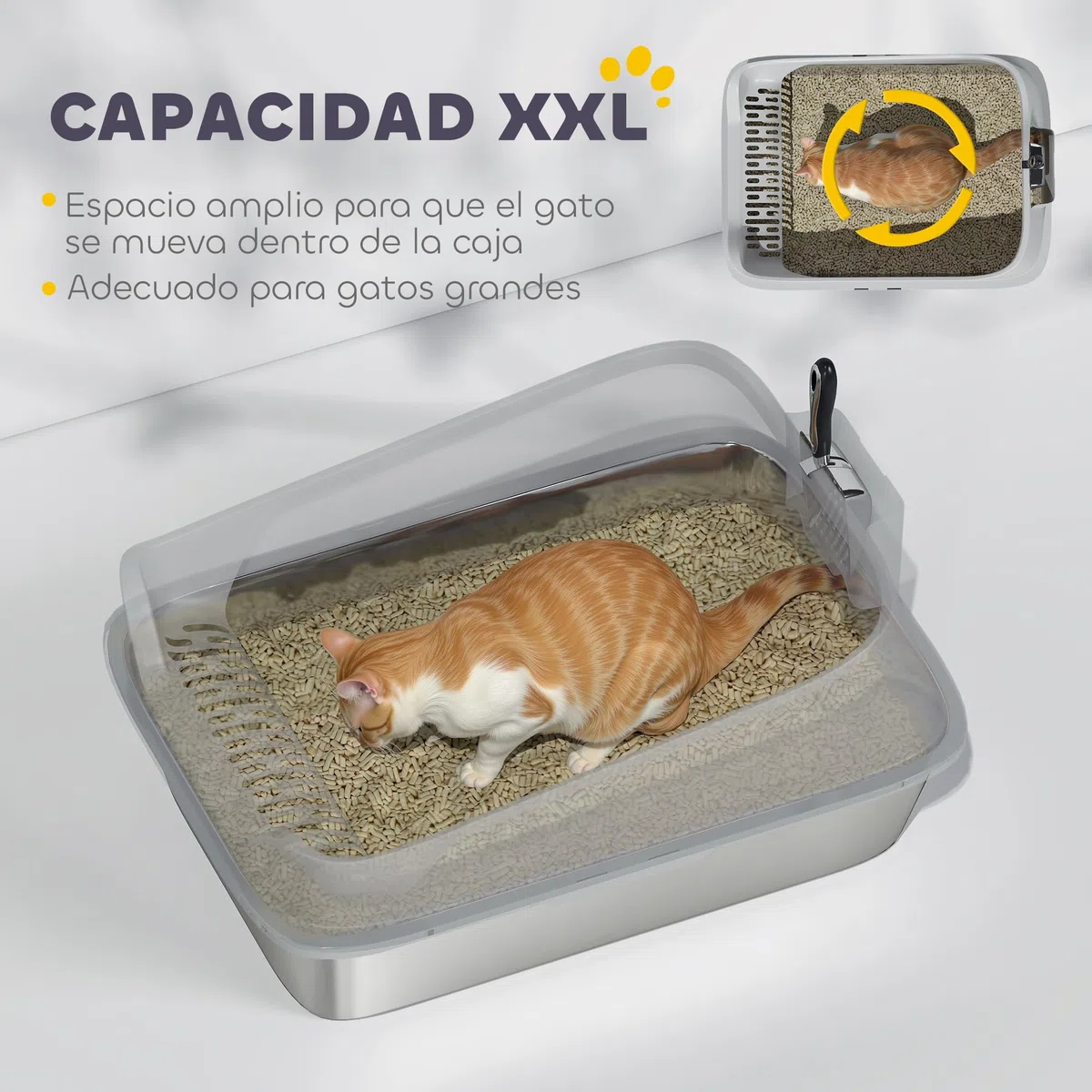 PawHut Arenero para Gatos de Acero Inoxidable XXL 69,8x50,3x29,8 cm Gris | Caja de Arena para Gatos, Arenero con Borde Alto, Pala Metálica, Fácil de Limpiar, Prueba de Fugas