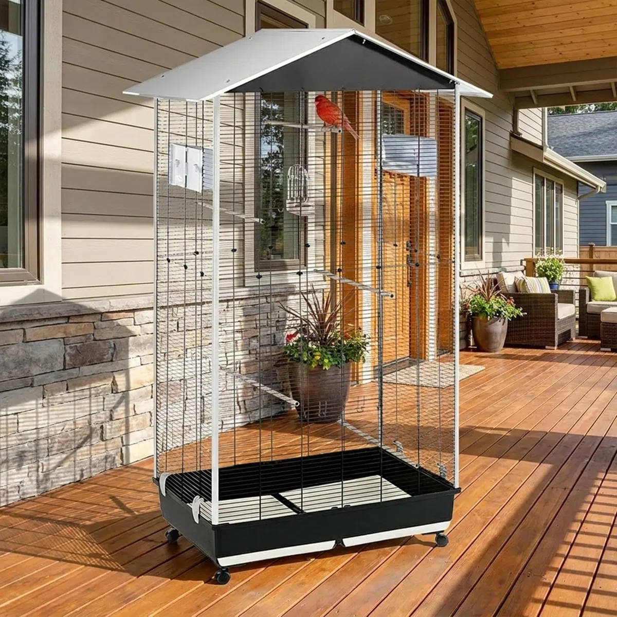 Ferplast Jaula para Pájaros, Aviario Nota Medium Exterior Interior Pájaros, Canarios, Periquitos, Cotorras, Agapornis, de Metal, Todos los Accesorios Comedero Perchas Ruedas, 95 x 64 x h 165.5 cm.