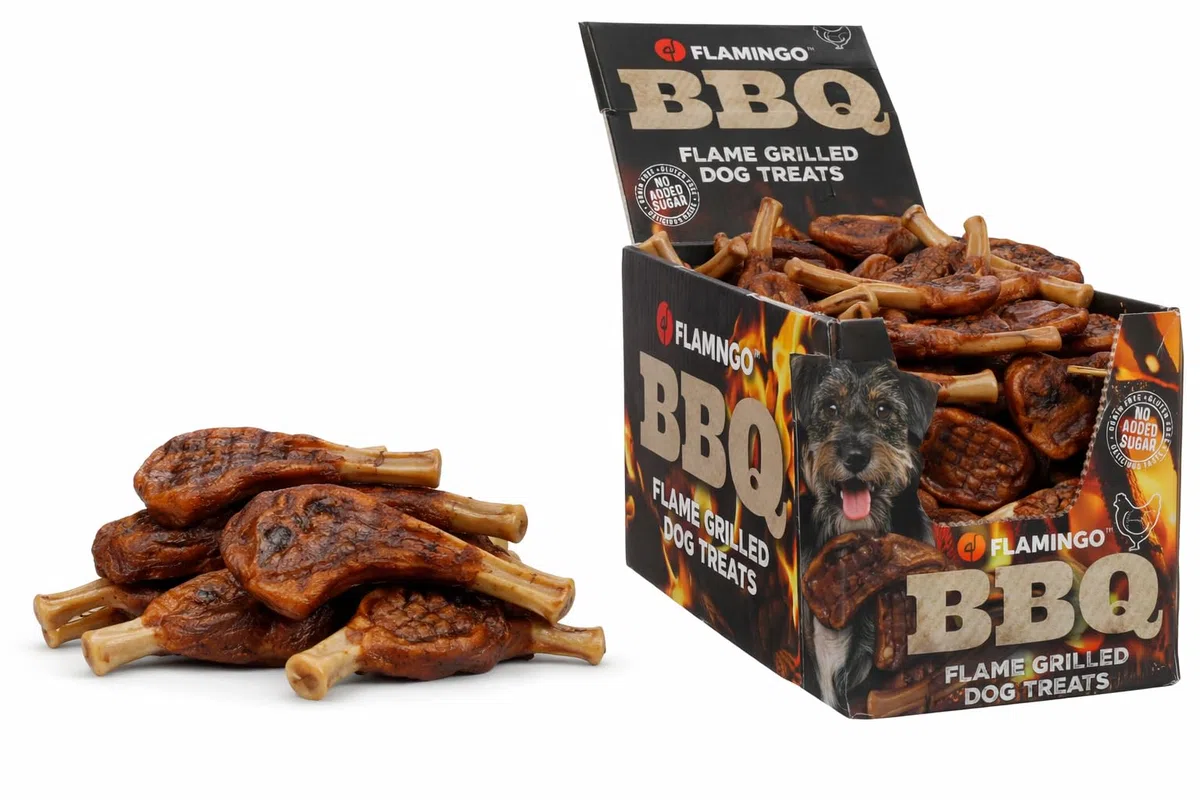 Snacks para Perros - Flamingo BBQ Costilla con Pollo XS - 8 x 3 x 1 cm - 2 kg Display - Rica en proteínas - sin Gluten - sin Cereales - sin azúcares añadidos