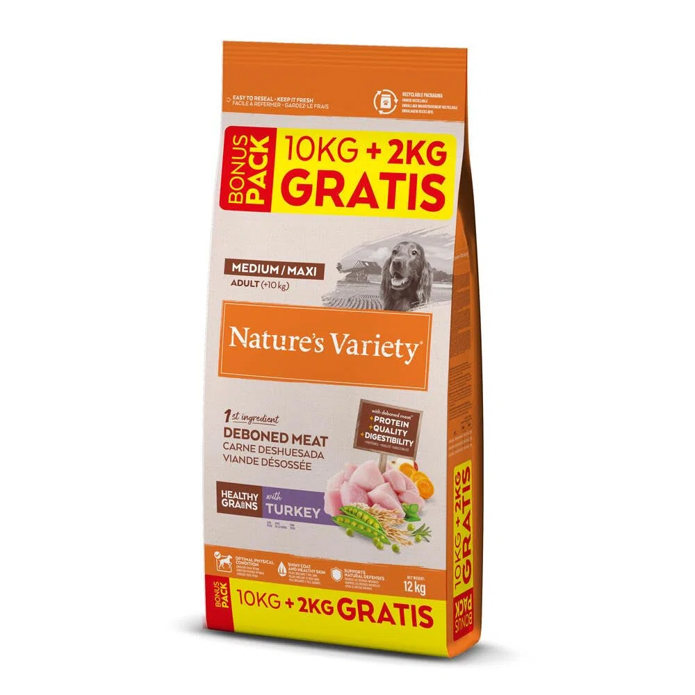 Nature's Variety Healthy Grains Pienso para Perros Medianos y Grandes, Pavo Deshuesado, Arroz Integral, Avena y Guisantes, 12kg