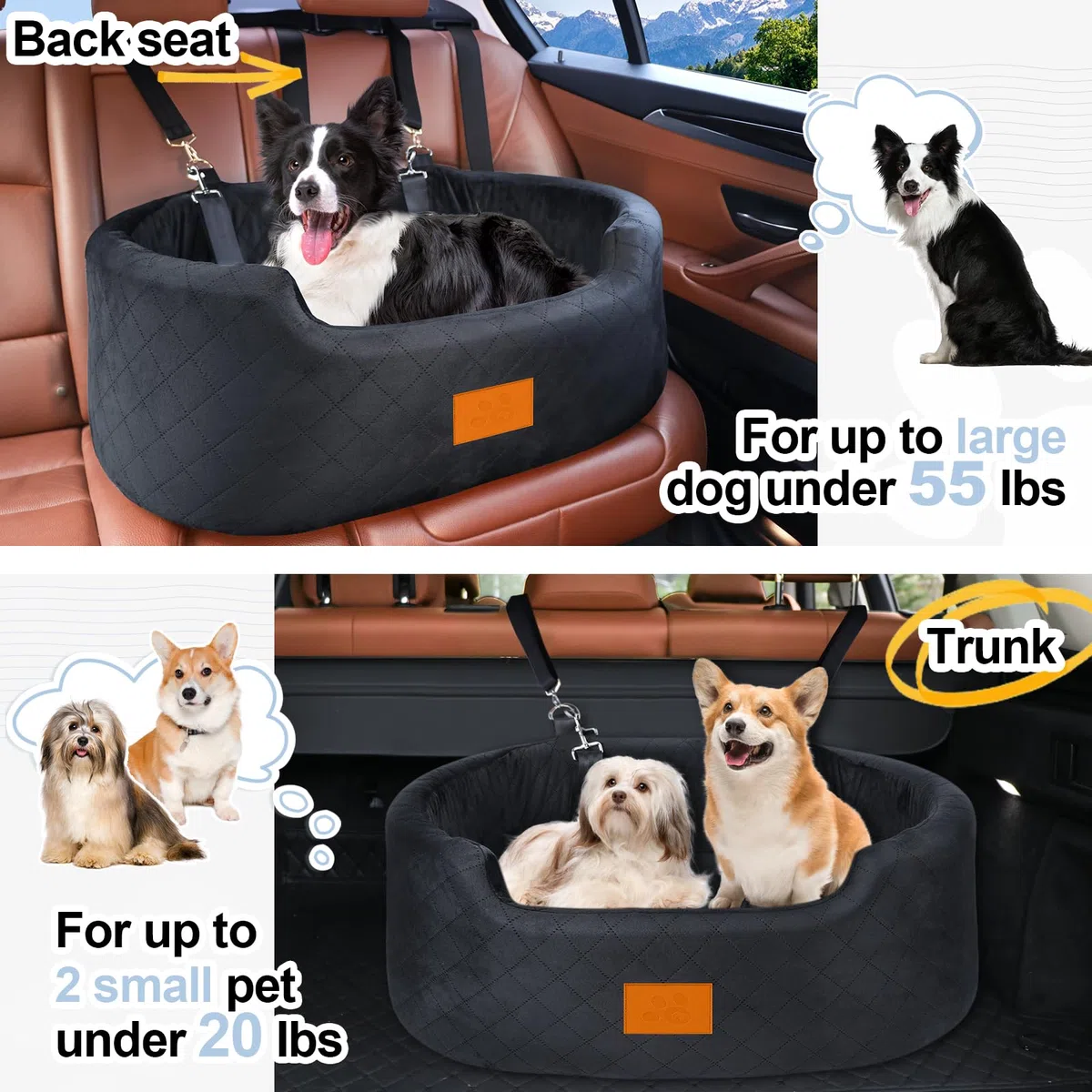 Asiento de coche para perros medianos de hasta 50 libras, asiento elevador para mascotas para automóviles, SUV y camiones, cama de viaje para perros con correa de seguridad, cojín grueso, base