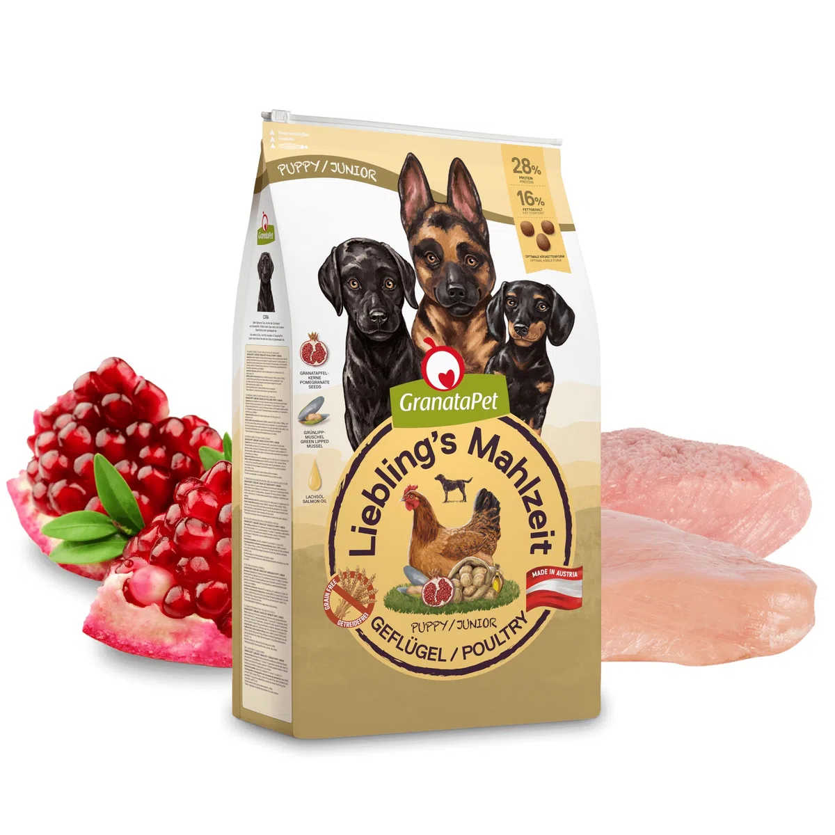 Liebling´s Mahlzeit GranataPet Comida Favorita para Aves de Corral Junior, 10 kg, Comida Seca para Perros, Comida para Perros sin Cereales y sin azúcares añadidos, pienso Completo | Pienso completo, sin cereales, sin azúcar, aceite de salmón y mejillón de
