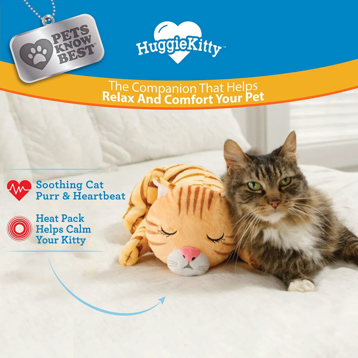 Pets Know Best HuggieKitty - Juguete de Peluche para Gatos, Sonido Relajante y Calidez Que Ayuda a relajar y reconfortar a tu Mascota, ronroneo y Latido del corazón, Paquete de calefacción, Naranja