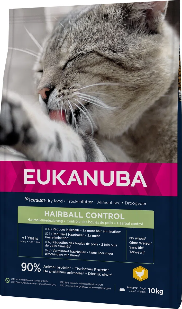 Eukanuba Hairball Control Alimento seco para gatos adultos y gatos de edad avanzada, rica en pollo fresco, 10 kg