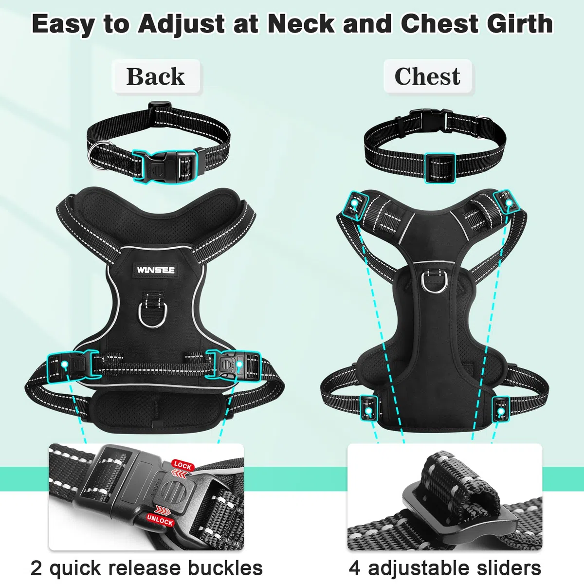 WINSEE Arnés para perro sin tirones, arnés para mascotas con collar de perro, chaleco reflectante ajustable Oxford para exteriores, clips de correa delantera/trasera para perros pequeños, medianos,