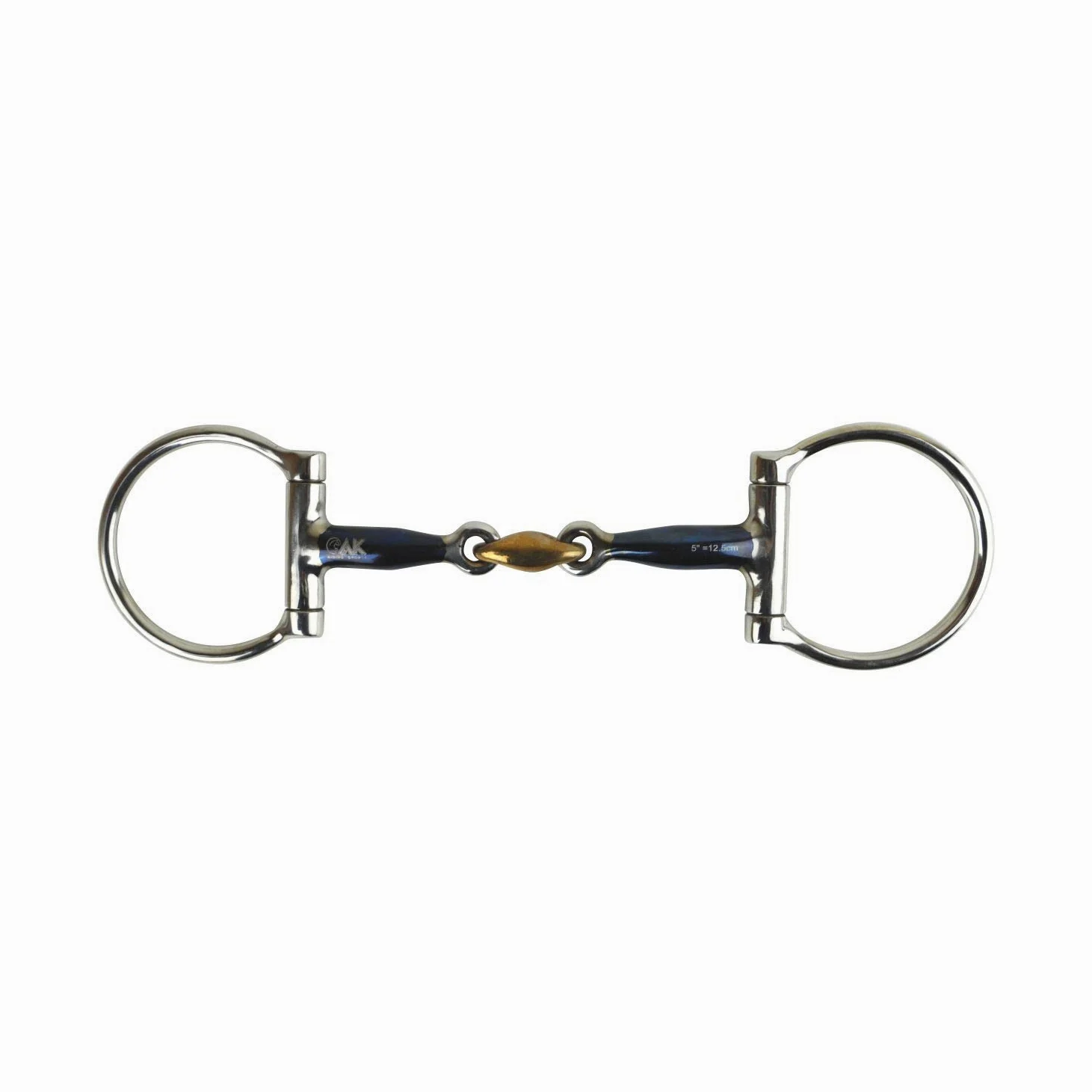 AK - Pastilla de hierro con anillo en D, doble articulación, con puntas de caballo Cooper (5.75 pulgadas, azul y plateado)