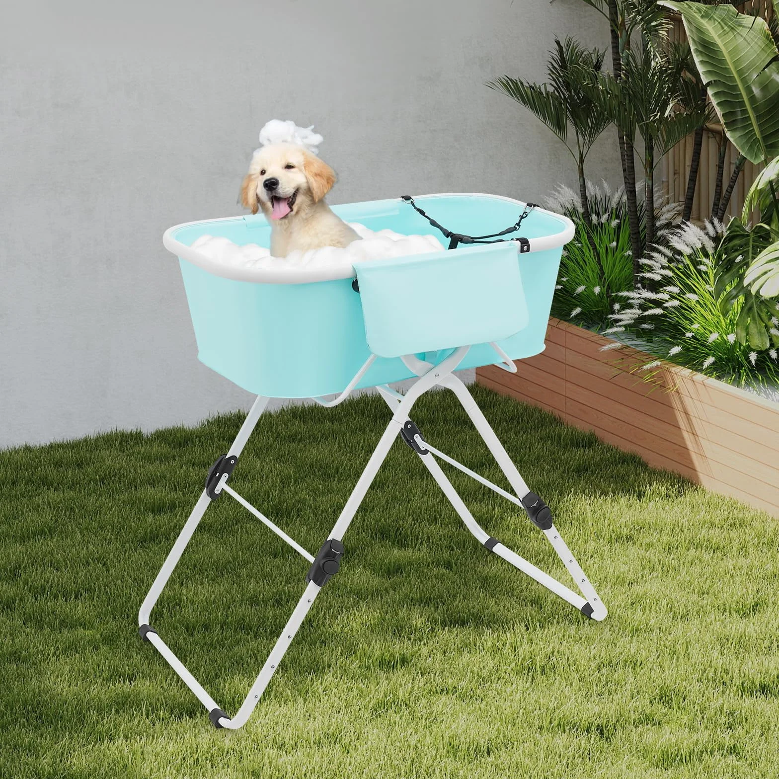 Bañera para Perros MEELRYD, Bañera Elevada para Mascotas, Ajuste de Altura de 70-100cm, Bañera Plegable para Perros con Tubo de Drenaje, para Perros y Gatos Pequeños a Medianos, Máx. hasta 68KG