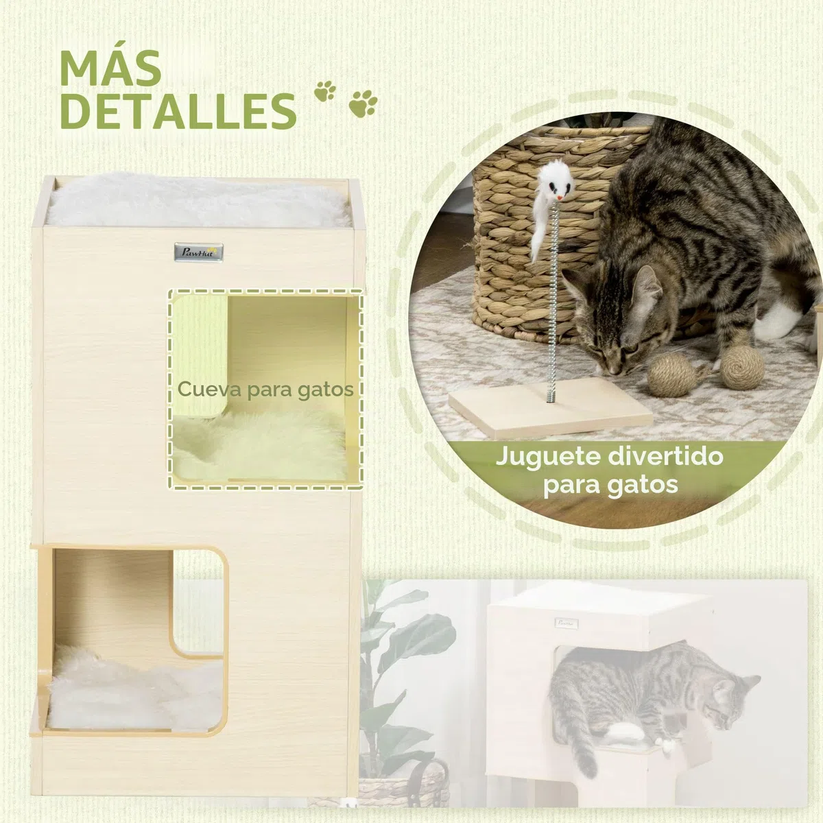 PawHut Cueva para Gatos, Armario para Gatos de 3 Niveles con Cojines, cabaña para Gatos, casa para Gatos con Juguete Falso de ratón, Muebles para Gatos, Interior, Roble, 34 x 34 x 60 cm | Cama para gatos, tienda de campaña, casa para mascotas