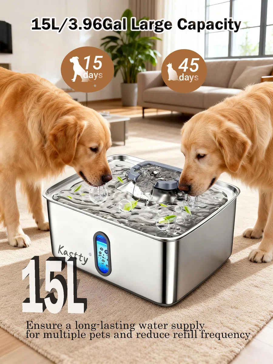 Kastty Fuente de agua para perros de acero inoxidable de 15 litros, dispensador de cuenco de agua para perros de gran capacidad, luz LED silenciosa, triple filtración, sin BPA, fuente de agua