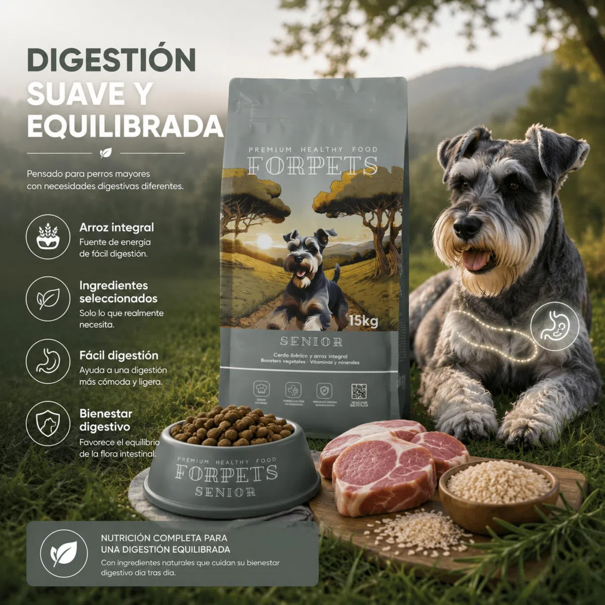 Pienso Senior para Perros Mayores 15 kg | Articulaciones con Glucosamina y Condroitina | Digestión Sensible, Piel Sensible | Razas Medianas y Grandes | Cerdo Ibérico y Sin Gluten | FORPETS