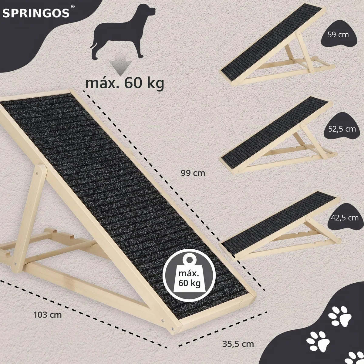 SPRINGOS Rampa para Perros Plataforma Ajustable de 42,5-59 cm para Cama o sofá Escalón Plegable de Madera para Perros Rampa para Mascotas con Estera Antideslizante