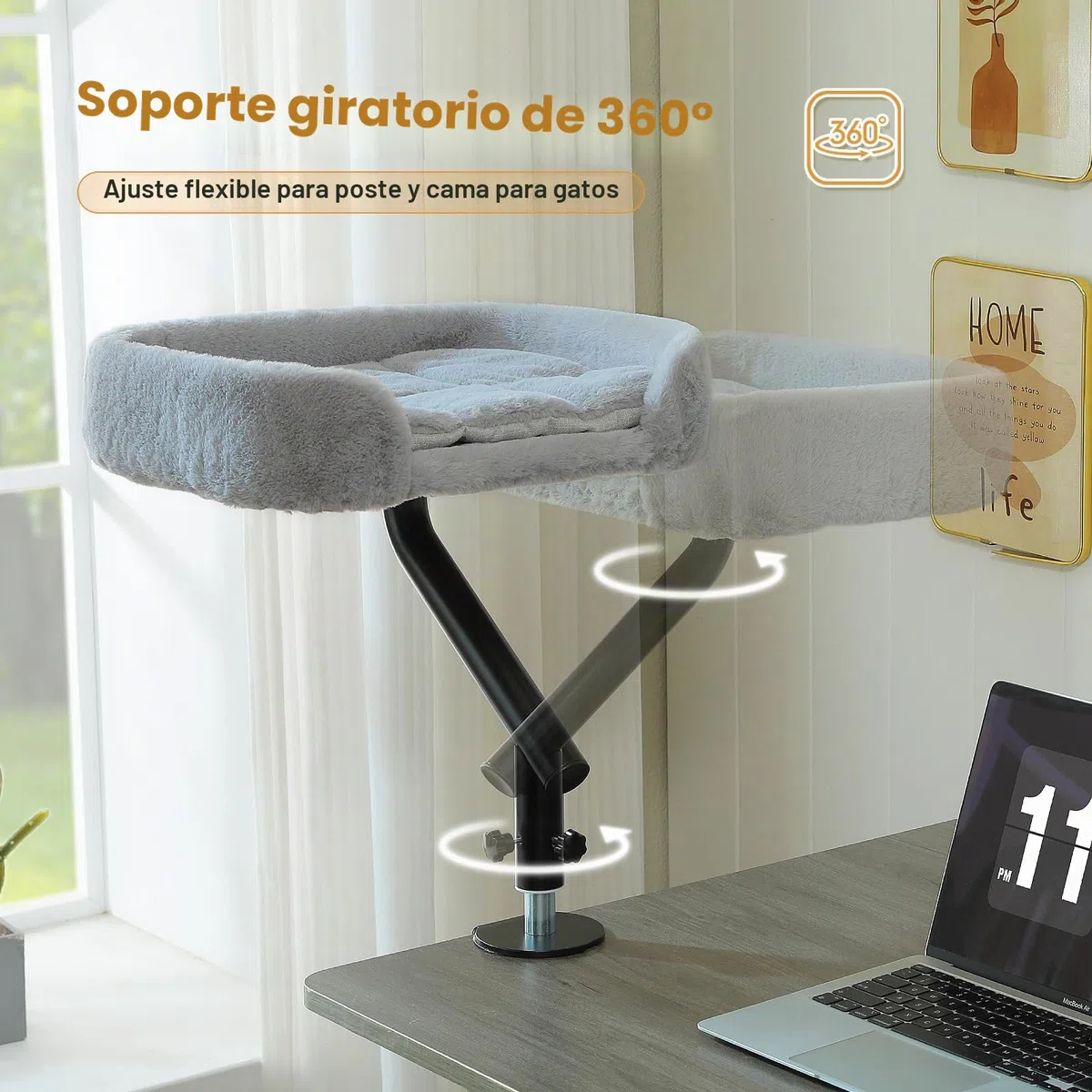 PAWZ Road Cama para Gatos de Escritorio con Pelota de Peluche interactiva, Cesta para Gatos, Soporte Giratorio 360°, Hamaca para con rascador, Cama para, soporta hasta 22,5 kg, Gris | Con pelota de peluche interactiva, cesta para gatos, hamaca para gatos,