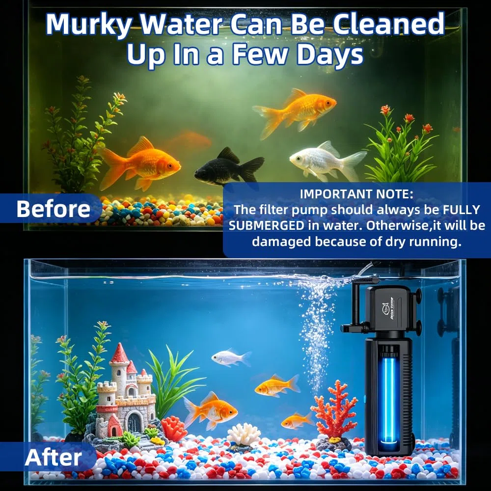 Filtro de acuario 4 en 1, filtro de luz U-V con temporizador, bomba interna de acuario con modo de bombeo de agua de lluvia de oxigenación para tanques de agua dulce y salada (12 W 1000 L/H)
