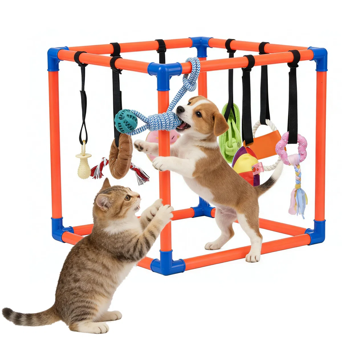 Gimnasio de juego para cachorros para perros pequeños con 8 juguetes colgantes, enriquecimiento interactivo extraíble, parque infantil interior de la selva, marco de PVC ajustable con correas